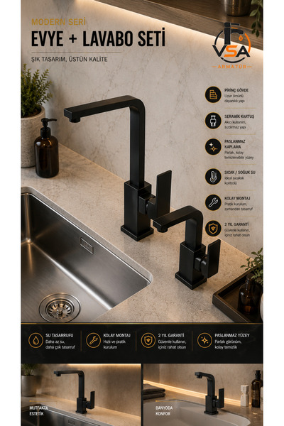 VSA SiyahMars 360 DÖNERLİ Mat Siyah Mutfak Evye ve Banyo Lavabo Bataryası Seti Pirinç Gövde Modern Kare Tasarım Sıcak Soğuk Çift Girişli 360 DÖNERLİ