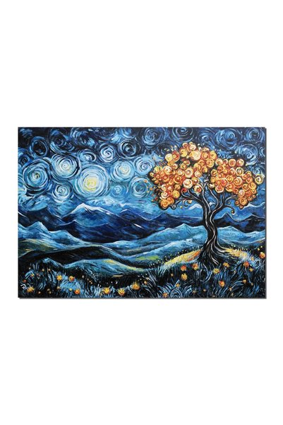 artnova Tablou pictat manual, Noapte instelata, copacul vietii, 100x70cm ulei...