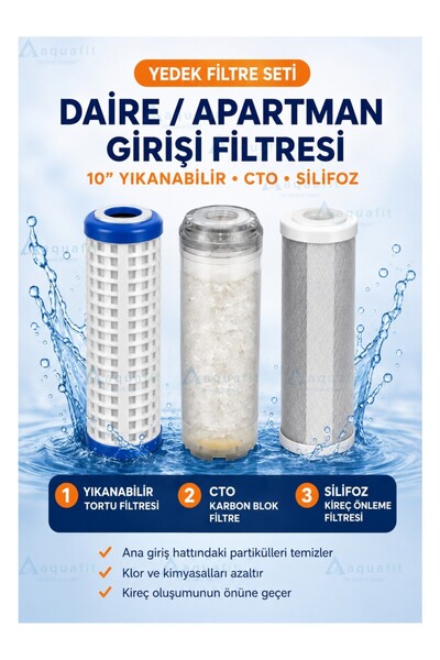 aquafit Bina Daire Girişi Su Arıtma 3'lü Yedek Filtre Seti 10 İnç – Yıkanabil...