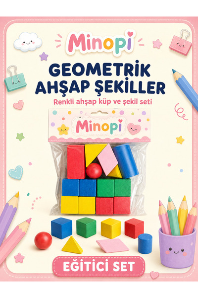 Minopi Geometrik Ahşap Şekiller Renkli Küp Üçgen Daire Eğitim ve Hobi Seti