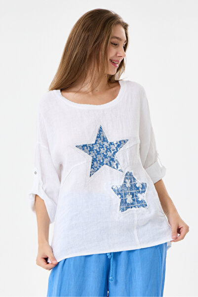 della moor White Italian 100% Linen Star and Flower Pattern Patched Foldable ...