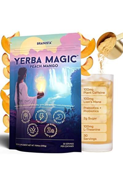BRAINISTA Yerba Mate Energy Drinks, Yerba Magic, Gut Health, Peach Mango, 30 ...