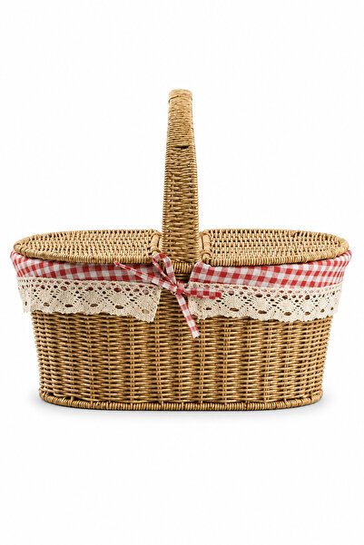 welcomein Rattan Dikdörtgen Piknik Sepeti Kapaklı Hasır Sepet Kırmızı Ekose D...