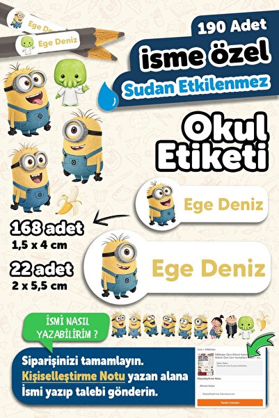 MSticker 190 Adet Kişiye Özel Okul Etiketi İsimli Kalem Defter Suluk Etiket S...