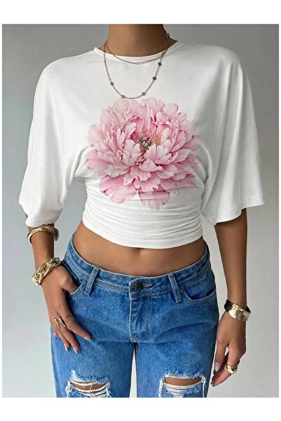 PERISENSE Women's Lycra Bat Sleeve Crop T-Shirt, Fitted at the Waist, Stretch...