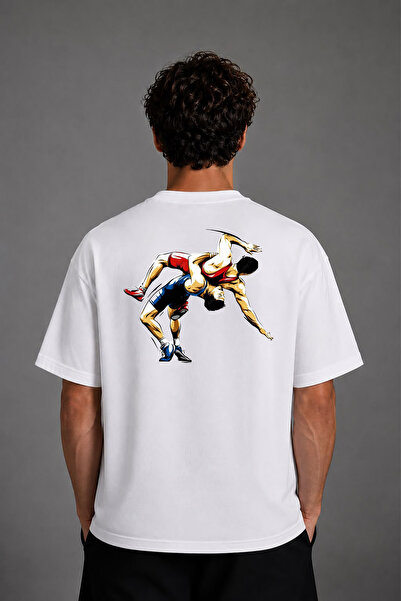 VSRN Tricou supradimensionat alb cu imprimeu pe spate, design Wrestler 1