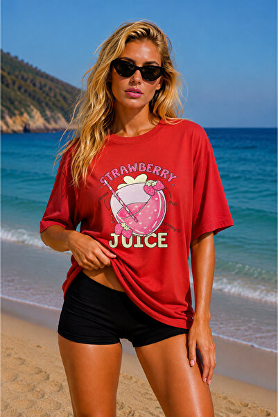 FECCY Tricou oversize pentru femei cu imprimeu Premium Strawberry Juice Trico...