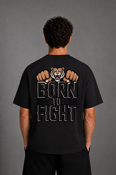 VSRN Tricou oversize negru cu imprimeu pe spate, design Born to Fight 1