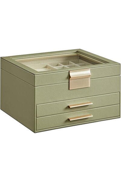 SONGMICS Jewelry Box with Glass Lid, 3-Layer Jewelry Organizer, 2 Drawers, 8 ...