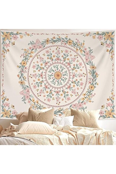 Neasow Bohemian Tapestry Wall Hanging, Beige White Floral Tapestry with Medal...