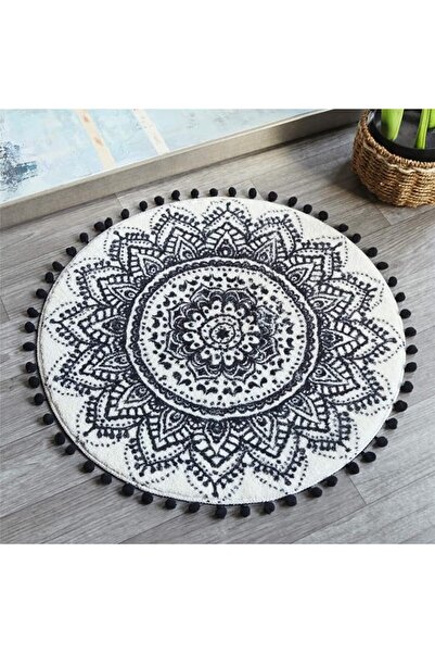 UpHome Small Round Rug 2.3’ Grey Mandala Boho Bathroom Rugs with Pom Poms Fri...