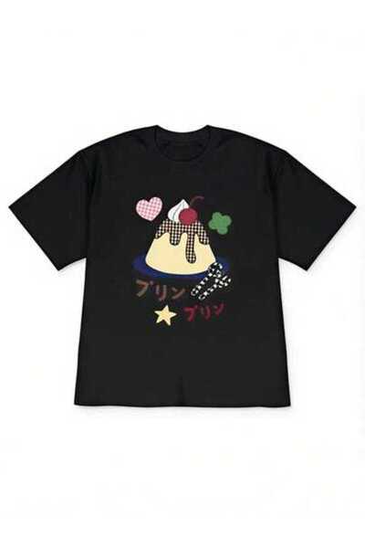 NOURAM Cute Pudding Design, Women's Kawaii Dessert Print With Japanese Text S...