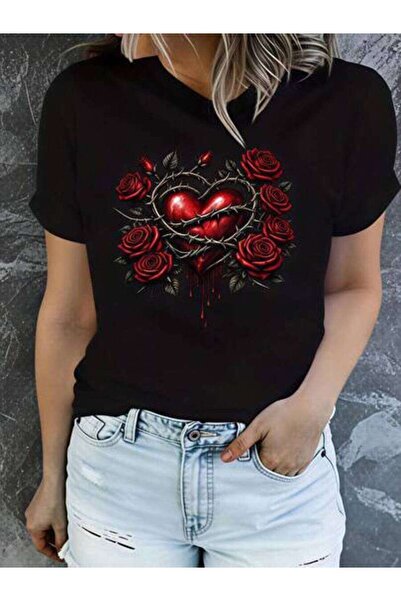 k222 Romantic Heart, Women's Roses Thorns Design, Pure Cotton T-Shirt, Spring...
