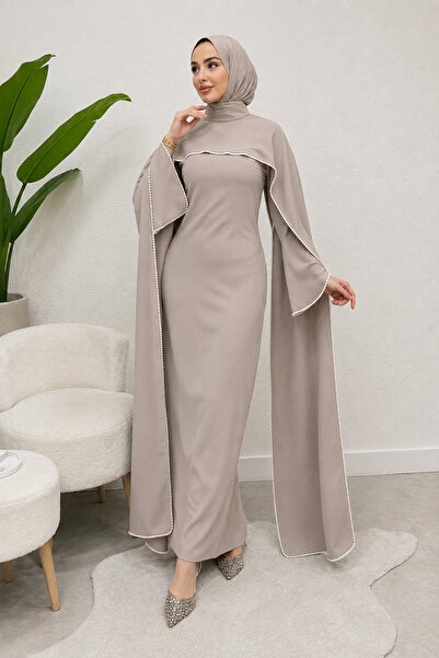 Tesettür Diyarı Mayres Cape-Crepe Hijab Evening Dress - Beige