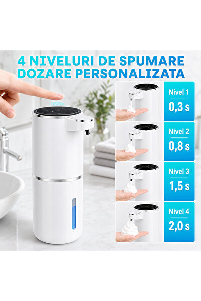 GIROMI Dozator Automat de Sapun Lichid Tip Spuma GIROMI®, 380 ml, Senzor de Miscare, 4 Trepte de Dozare, Display LED, Incarcare USB-C, Rezistent la Apa IPX5, Montare pe Perete/Blat, Alb