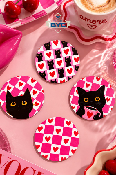 BYC TÜRKİYE Pink Cat & Heart Patterned Set of 4 Coasters - 9 Cm, 3 mm Mdf, Uv...