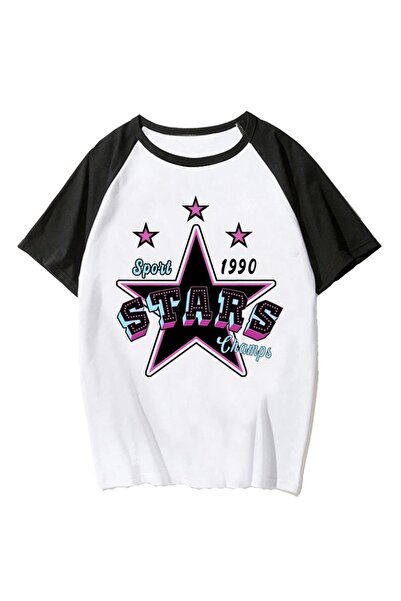 DEEFWEAR تي شيرت MINGALONDON Y2k Star أبيض بأكمام راجلان كبير الحجم