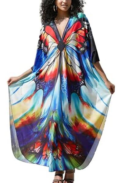 YouKD Women's Pirnt Floral Long Kaftan Maxi Dress Pluse Size Bikini Beach Cov...