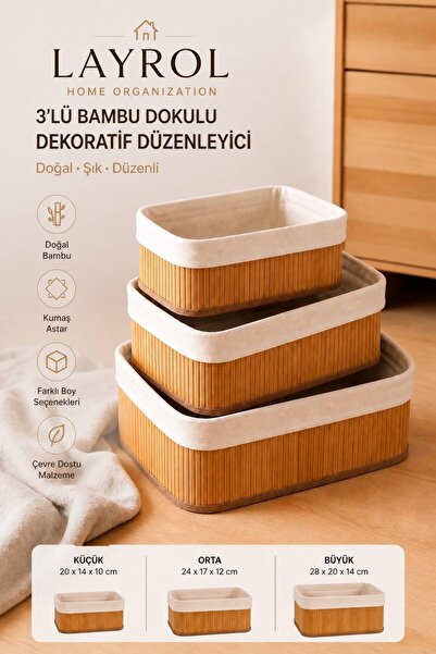 Layrol 3'lü Bambu Çok Amaçlı Sepet Dikdörtgen