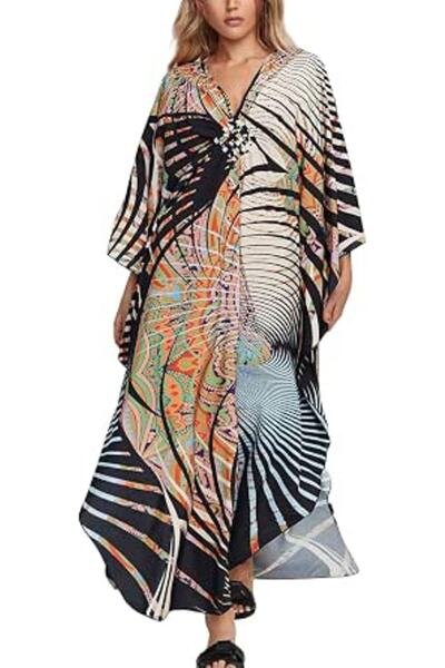 YouKD Women's Pirnt Floral Long Kaftan Maxi Dress Pluse Size Bikini Beach Cov...