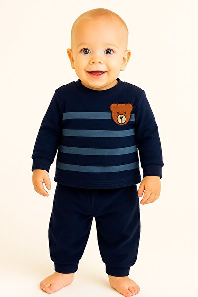 Oz Baby طقم أطفال شتوي من الصوف مخطط ومطبوع عليه دمية دب للجنسين مناسب للبنات...