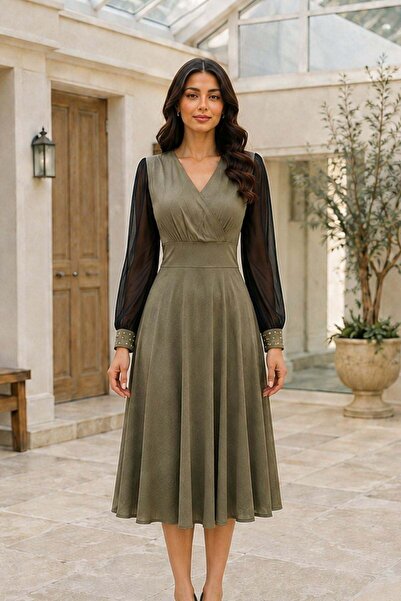 Mossta Double-Breasted Collar Pearl Detailed Viscose Dress - Khaki