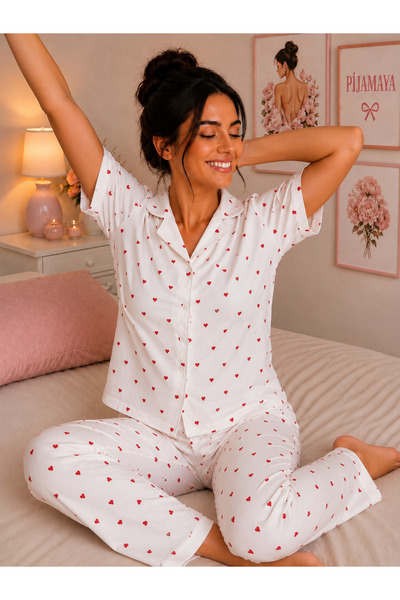 Pijamaya Ultra Soft Textured Button down Short Sleeve Long Pajama Set - Red Heart Pattern