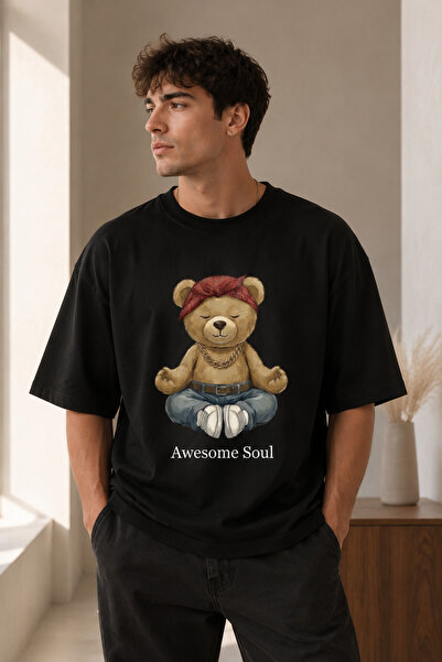 Duzor Unisex κοντομάνικο μαύρο μπλουζάκι Teddy Bear Soul Yoga Oversize, Premi...