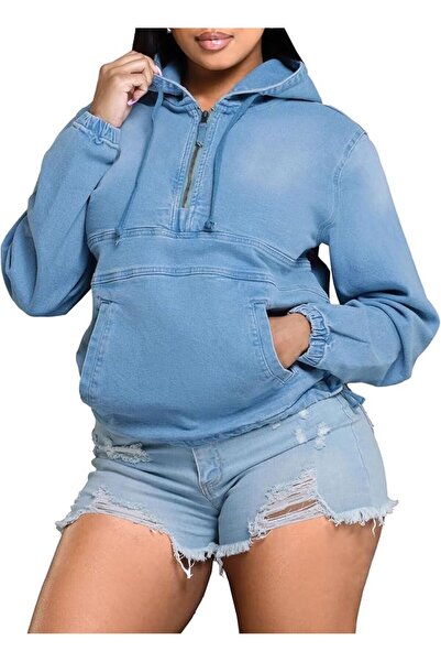 Generic Denim Tops For Women Half Zip Denim Hooded Pullover Jacket Jean Tops ...