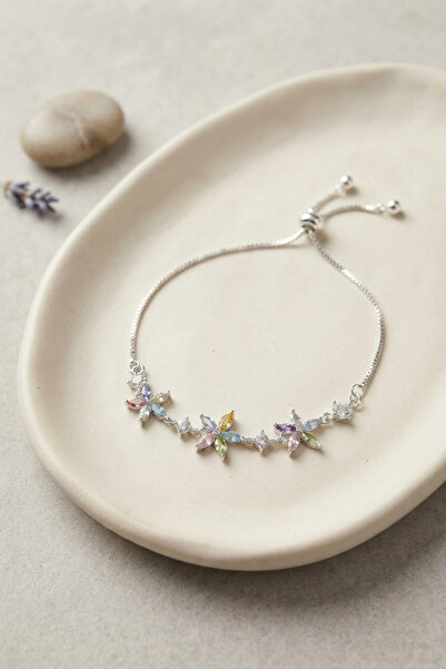 SORA GROUP Brass Silver Color Floral Model Zircon Stone Elevator Bracelet