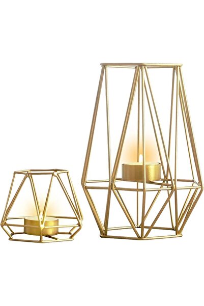 EXCEFORE 2 Pcs Hexagon Metal Tea Light Candle Holders - Gold Geometric Votive...