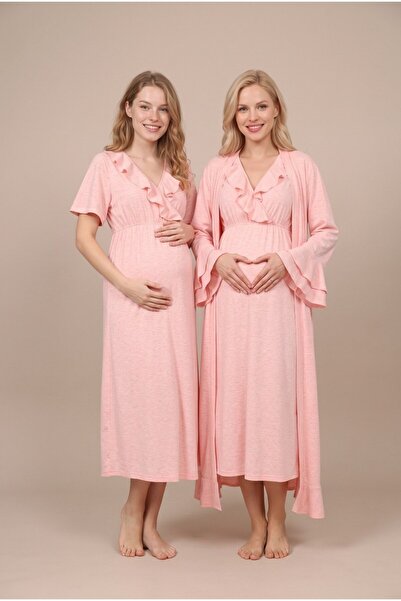Pelin Women's Powder Double-Breasted Collar Maternity Nightgown Set with Nurs...