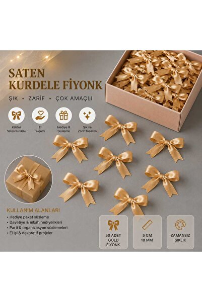Gold Saten Kurdele Fiyonk Süsleme Aksesuarı Dekoratif Fiyonk 50 Adet 10mm El Yapımı