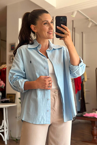 Unique Boutique Blue Embroidery Detailed Oversized Linen Shirt