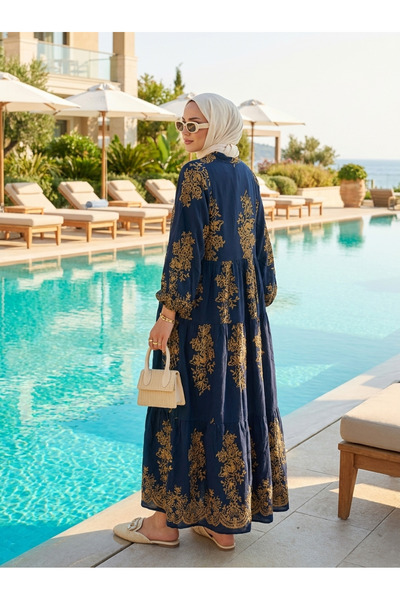 Kirazca Butik Women's Ethnic Embroidery Patterned Saks Blue Viscose Dress