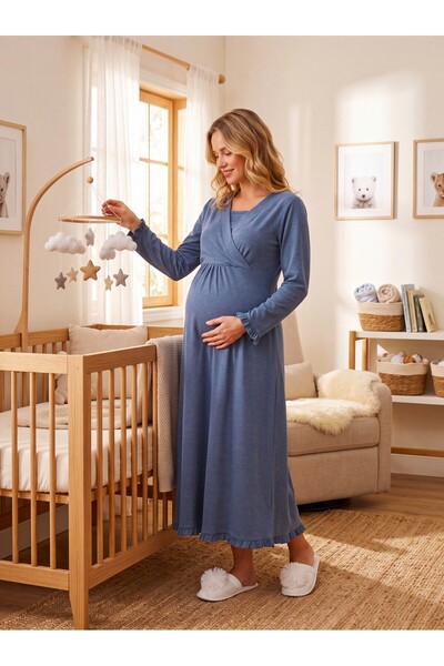Lohusa Homewear New Season Indigo Double-Breasted Collar, Easy Breastfeeding ...