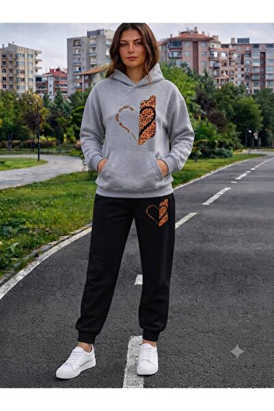 CLOTHES33 Trening cu glugă, set din 2 piese, model de iarnă cu imprimeu leopa...