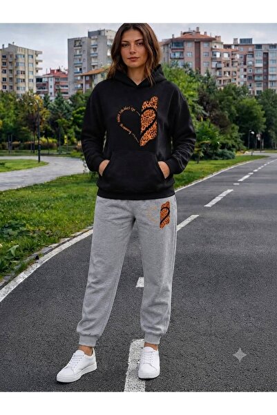 CLOTHES33 Trening cu glugă, set din 2 piese, model de iarnă cu imprimeu leopa...