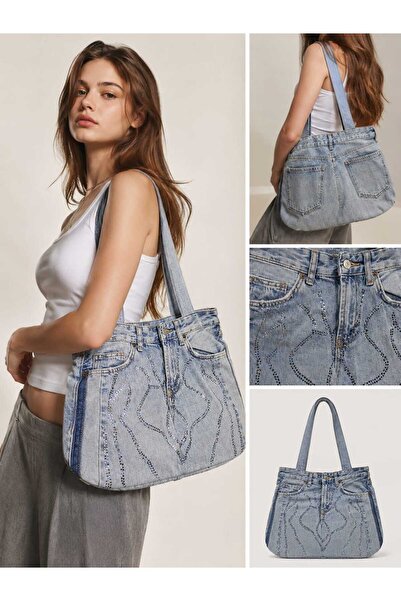 Yumey Stone-Embellished Denim Shoulder Bag2