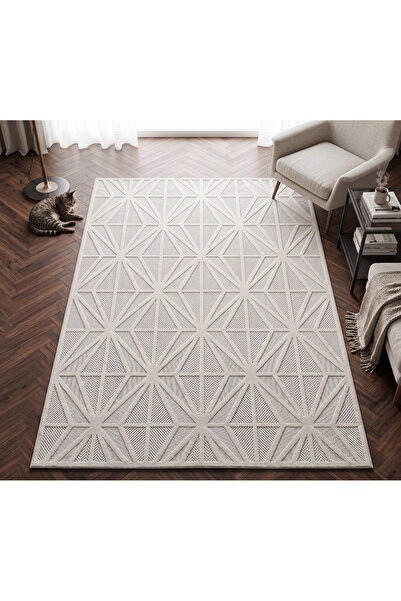 Merinos Launge Serisi Dekoratif Hasır Modern Geometrik Desenli Krem Salon Otu...