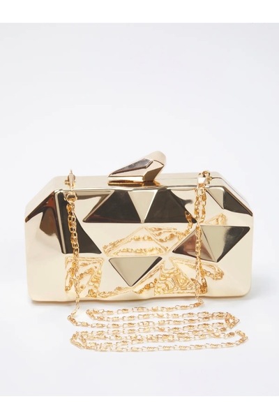 selma demir Gold Üç Boyutlu Abiye Kadın Şık Mini Boy Clutch El Omuz Çantası