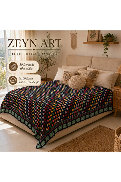 Zeyn Art El Yapımı Renkli Örgü Yatak Örtüsü – %100 Koton İplik Bohem Çiçek Mo...