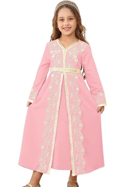 IWEMEK Kids Girl Muslim Abaya Dress Long Sleeve Islamic Kaftan Eid Robe Maxi ...
