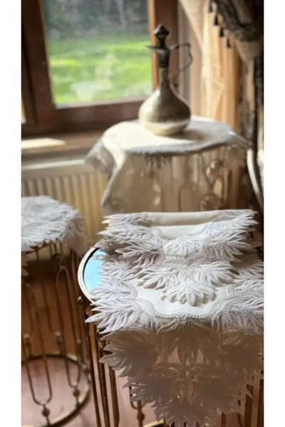 CB.B. TÜRK İŞİ HOME Samina Model Cream Dowry Set 5 Piece Lace Linen Tableclot...