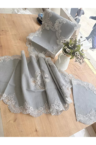Ceki Home Gray Turquoise Model 5 Piece Linen Lace Tablecloth Runner Set Elega...