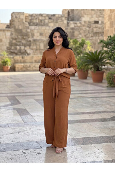 Finelook Women's Modest Shirt & Belted Wide Leg Set – Casual Short Sleeve One...