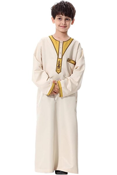 Generic Kids Thobe Long Sleeve Muslim Robe for Boys Solid Embroidered Thobe J...