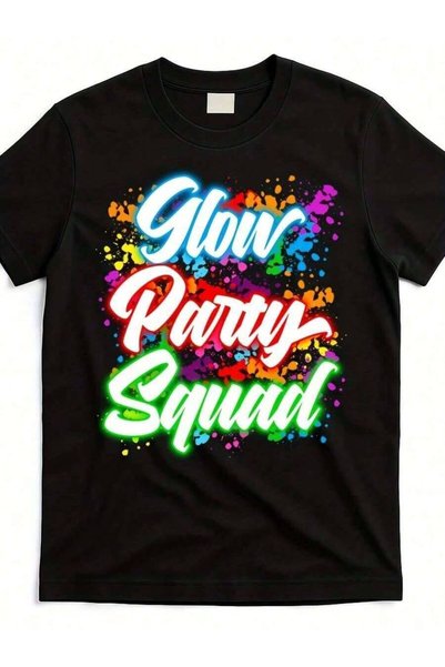 2BIR Men'S Women'S Party Graphic-Shirt - 220gsm Heavyweight Retro Glow-In--Dark Print, With Neon Green Pink Lettering, All-Season Casual Glow Events, Unisex Adult Round Neck Short Sleeve Tee Rave & Night