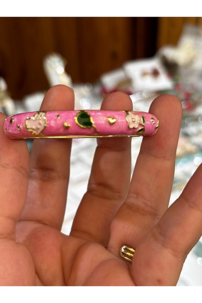 MODA Kız Çocuk Pembe Mineli Kelepçe Bileklik – Çiçek ve Kalp Figürlü