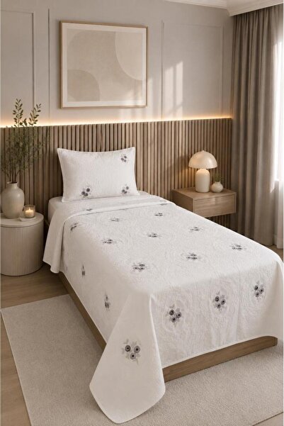 Çeyiz Diyarı Gardenlove Embroidered Chenille 2-Piece Single Bedspread Gray